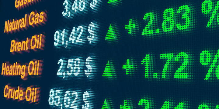Rising comodity prices, brent oil, natural gas and heating oil. Commodity exchange trading screen. Financial figures, prices and data. Concept / 3D illustration