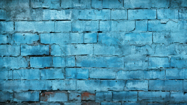 Old brick wall texture background, blue paint on rough brickwork
