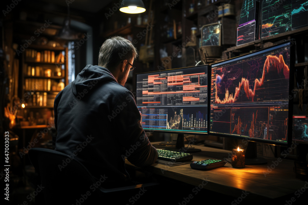 Poster a trader studies technical charts with trend lines and indicators, using chart analysis to predict f