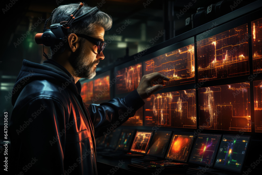 Poster an investor uses augmented reality glasses to visualize real-time market data and trends. concept of