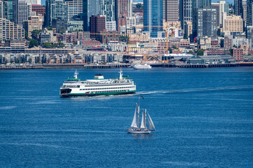 Ferryboat with the Seattle skyline in the background. Ferryboat sailing to Bainbridge Island with a...