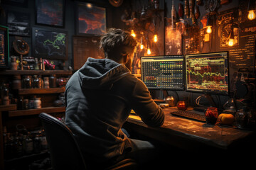 Obraz premium A trader studies stock price patterns, searching for opportunities in both rising and falling markets. Concept of Contrarian Approach. Generative Ai.