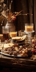 Fall Wedding Decor: Traditional Wooden Tablescape with Brown Plate, Glasses and Delicious Dessert