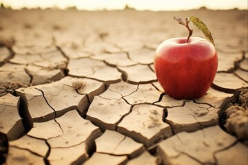 Food Insecurity: Hunger and Drought Concept. Apple on Cracked Desert Soil Denotes Water Scarcity and Agricultural Crisis - obrazy, fototapety, plakaty