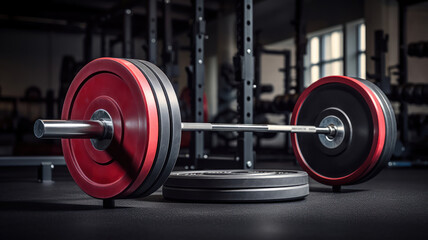Fototapeta premium Barbell and Weight Plates on Rack in the Weightlifting Section