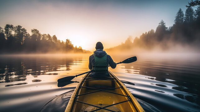 Person Canoeing Through a Misty Lake at Dawn