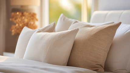 Fototapeta na wymiar Plush pillows and crisp linen showcased in a close-up shot of a king-size hotel bed