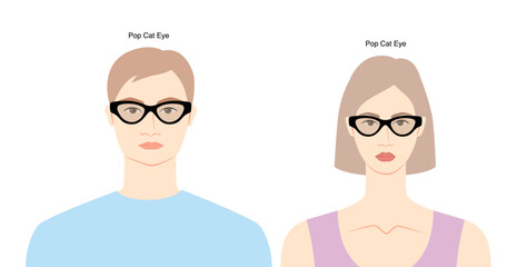 Pop Cat Eye frame glasses on women and men flat character fashion accessory illustration. Sunglass front view unisex style, rim spectacles eyeglasses, lens sketch style outline isolated on white