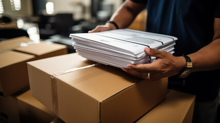 Close-up of Hands Holding Freight Shipping Documents Over a Desk