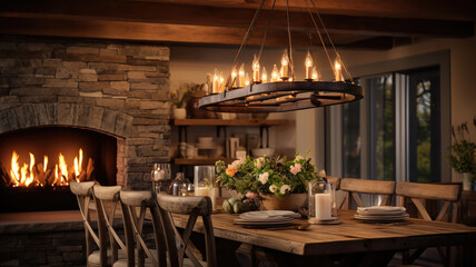 Rustic Chandeliers Illuminating a Cozy Dining Space
