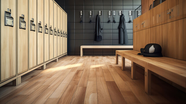 Wooden Lockers and Benches in a Modern Gym Locker Room