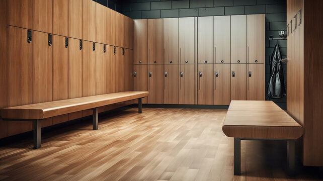Wooden Lockers and Benches in a Modern Gym Locker Room