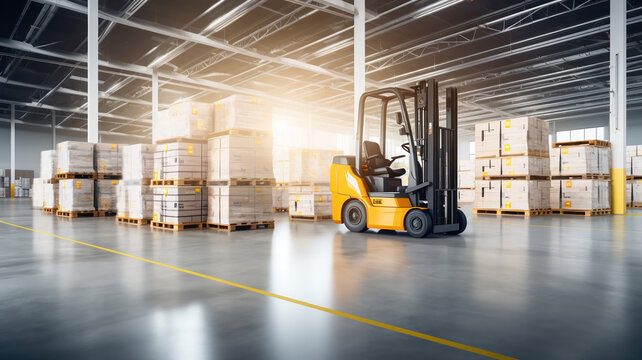 Forklift Maneuvering Pallets of Boxes in a Spacious Warehouse
