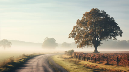 Obraz premium Countryside Road Shrouded in Early Morning Mist