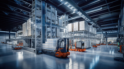 Wide-Angle View of a Multi-level Warehouse with Automated Systems