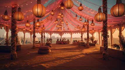 Interior of a Bohemian Festival Tent Adorned with Lanterns