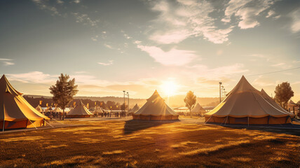 Golden Sunset Casting Long Shadows Over Festival Tents