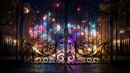 Firework Display Seen Through a Wrought-Iron Gate