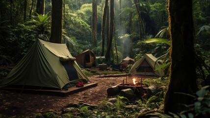 Tents Set Up in a Lush Rainforest