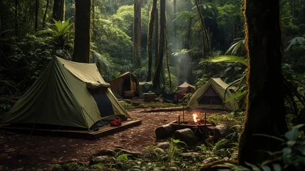 Papier Peint photo Lavable Camping Tents Set Up in a Lush Rainforest