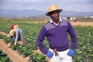 Portrait of american male farmer in straw hat posing on farm on sunny day