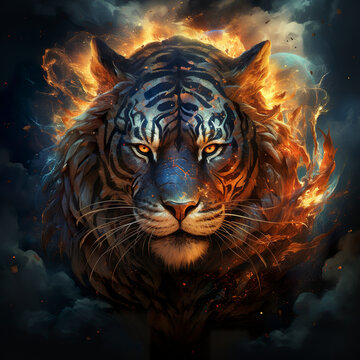 Illustration of a majestic tiger embodying the energy of the Taurus zodiac sign. Cosmic setting of fire and fiery creature under the sign of the Taurus in a celestial force.