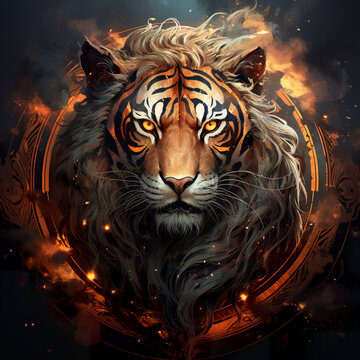 Illustration of a majestic tiger embodying the energy of the Taurus zodiac sign. Cosmic setting of fire and fiery creature under the sign of the Taurus in a celestial force.
