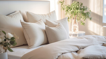 Plush pillows and crisp linen showcased in a close-up shot of a king-size hotel bed