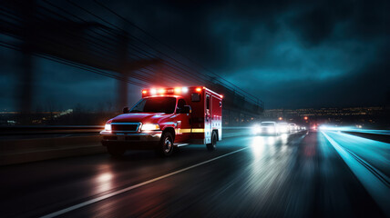 Ambulance rushing down a highway at night with blurred lights - obrazy, fototapety, plakaty