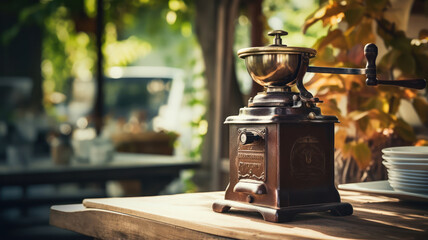 Antique Coffee Grinder on Rustic Wooden Table in Outdoor Cafe Setting - obrazy, fototapety, plakaty