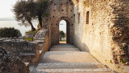 The ruins of an ancient Roman villa surrounded by an olive grille in the city of Sirmione (selective focus)