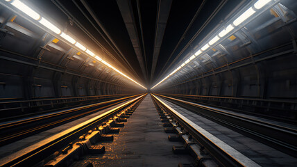 Fototapeta na wymiar A Vanishing Perspective of Subway Tracks Inside the Tunnel