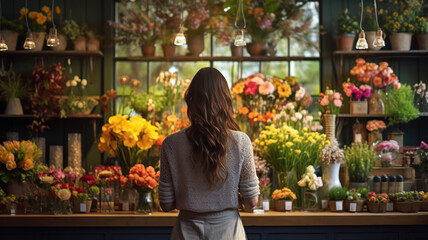 A customer contemplating a selection of flowers in a well-lit flower shop