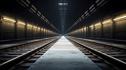 A Vanishing Perspective of Subway Tracks Inside the Tunnel