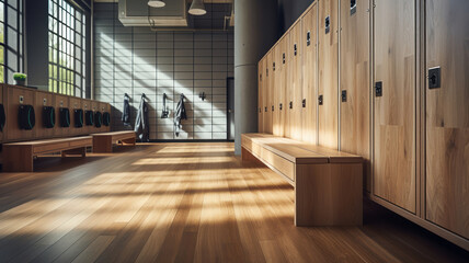 Wooden Lockers and Benches in a Modern Gym Locker Room - obrazy, fototapety, plakaty