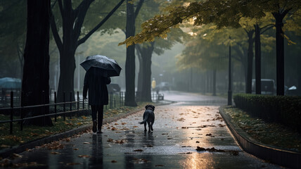 A Person Walking a Dog on a Rain-Soaked Path in the Park