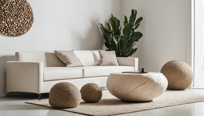 Minimalist living room design - rustic root ball coffee table near white sofa, decorative stone paneling on white wall