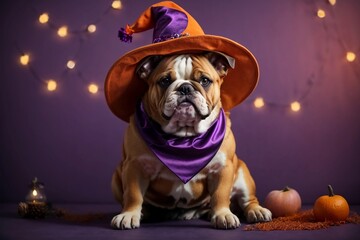 Cute bulldog dog with orange witch hat on background with festive halloween decoration