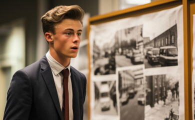 Fototapeta premium Students present research projects on constitutional history and landmark cases, showcasing their commitment to understanding the nation's legal foundations. Generative Ai.