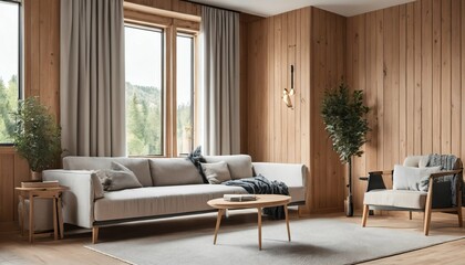Scandinavian living room design - sofa with pillows and blanket against window, room with wooden paneling wall
