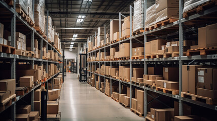 Long Rows of Shelves Stocked with Goods in an Organized Warehouse