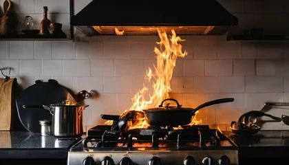 Foto auf Acrylglas Feuer Kitchen fire hazard - residential danger, home safety, emergency