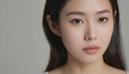 Fototapeta premium Beautiful young Asian woman - smooth skin portrait in studio light, white background
