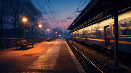 Fototapeta na wymiar A lone train at an empty station platform in the evening