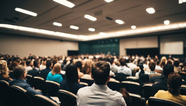 Audience In Conference Hall From Behind, Viewing Speaker On Stage At A Business And Entrepreneurship Symposium