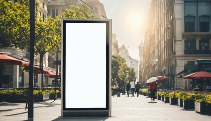 Blank white digital sign poster billboard mockup display in city center during daytime