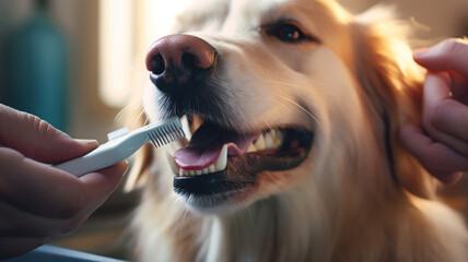 Fototapety  Close-up of a dog teeth being brushed by its owner at home