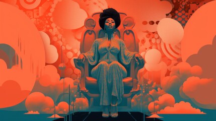 Retro Illustration of an African American Female Sitting on a Throne, Power, Equality
