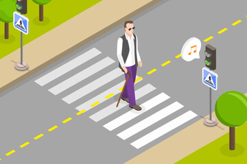 3D Isometric Flat Vector Conceptual Illustration of Crosswalk For Blind People, Accessible Pedestrian Signal
