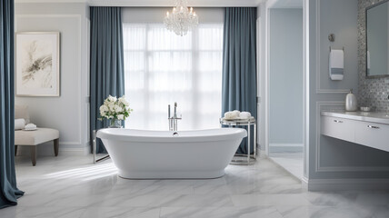 Freestanding bathtub accented by elegant fixtures in a hotel bathroom